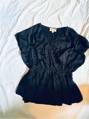 Elizabeth and James Black Pleated Peasant Blouse with Button Trim